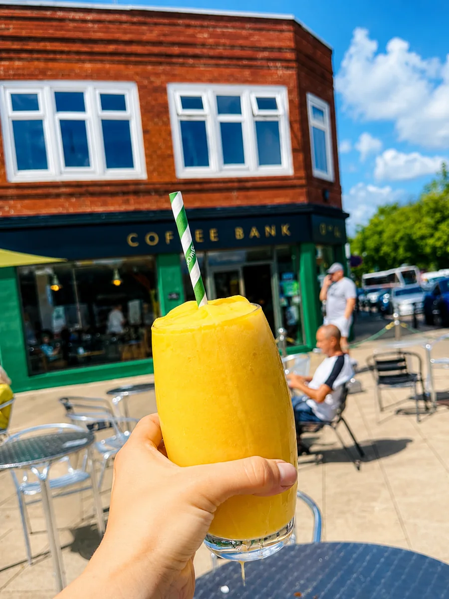 A chilled drink enjoyed outside Coffee Bank