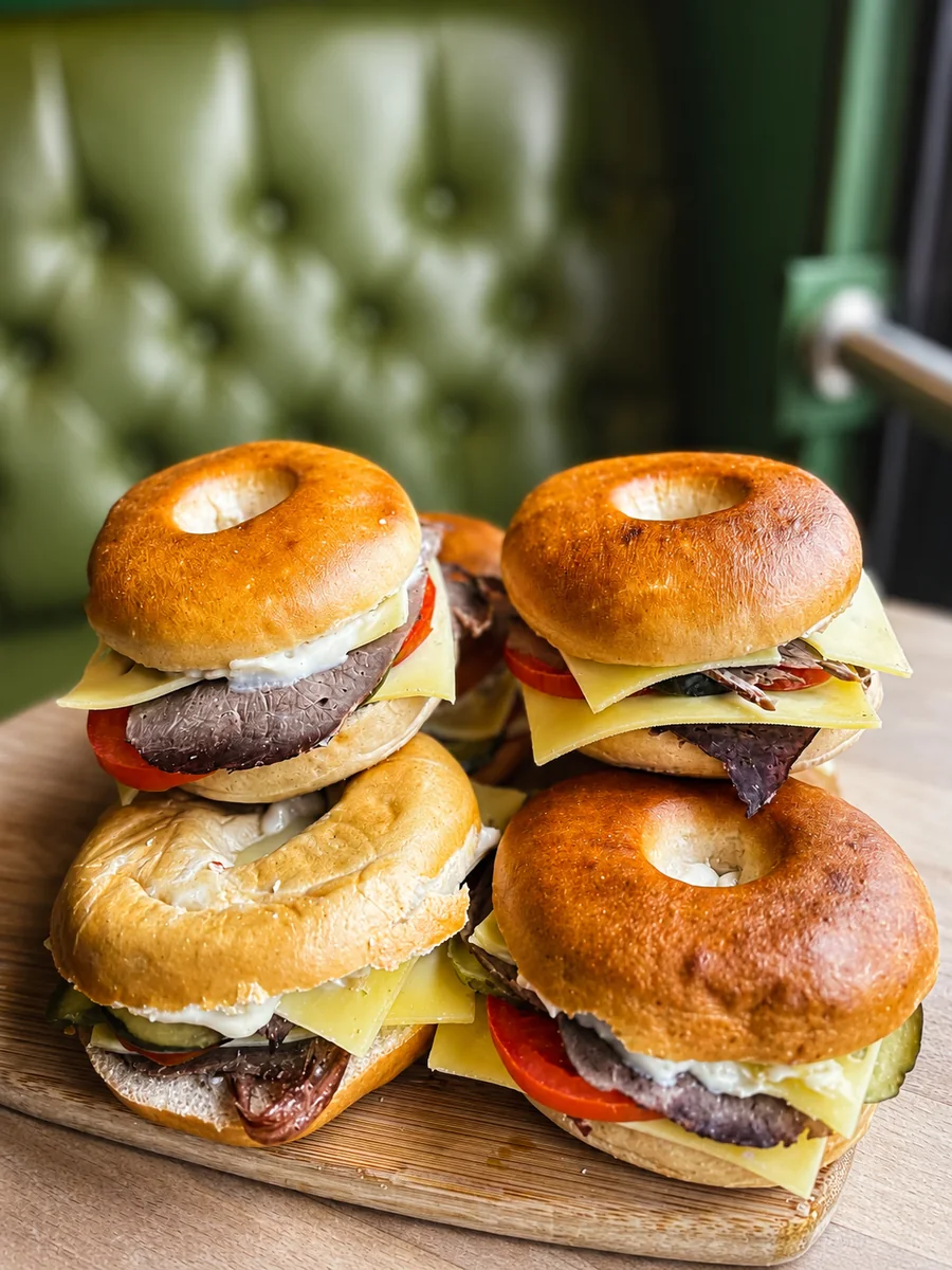 Filled bagels prepared at Coffee Bank